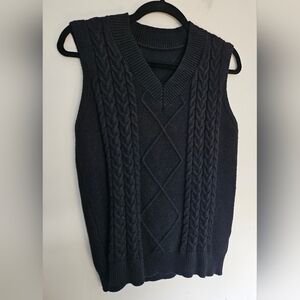 Black Plush Cable Knit V-Neck Sweater Vest